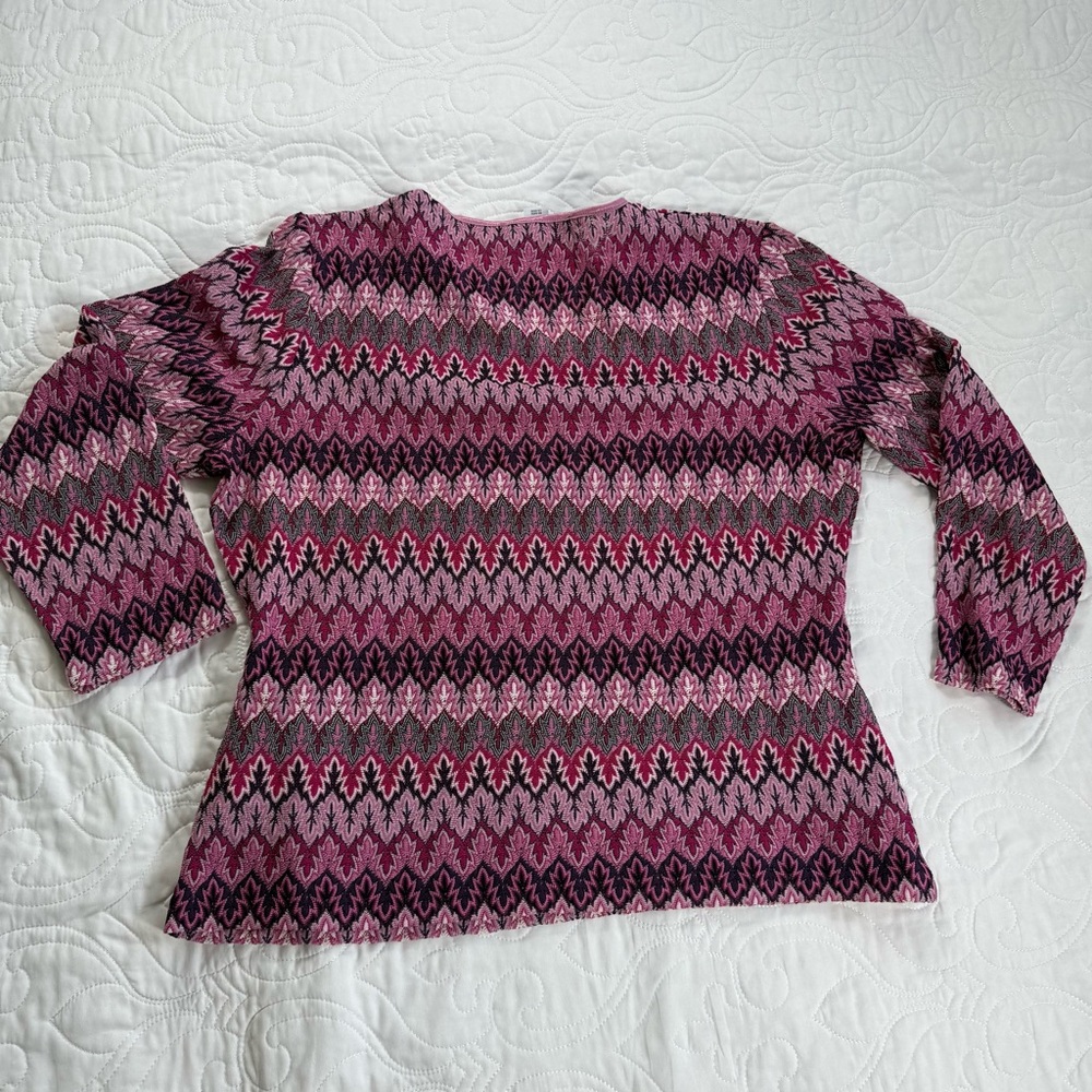 Jones New York Pink Retro V-Neck Faux-Wrap Long Sleeve Blouse Women's Large EUC - Picture 2 of 7